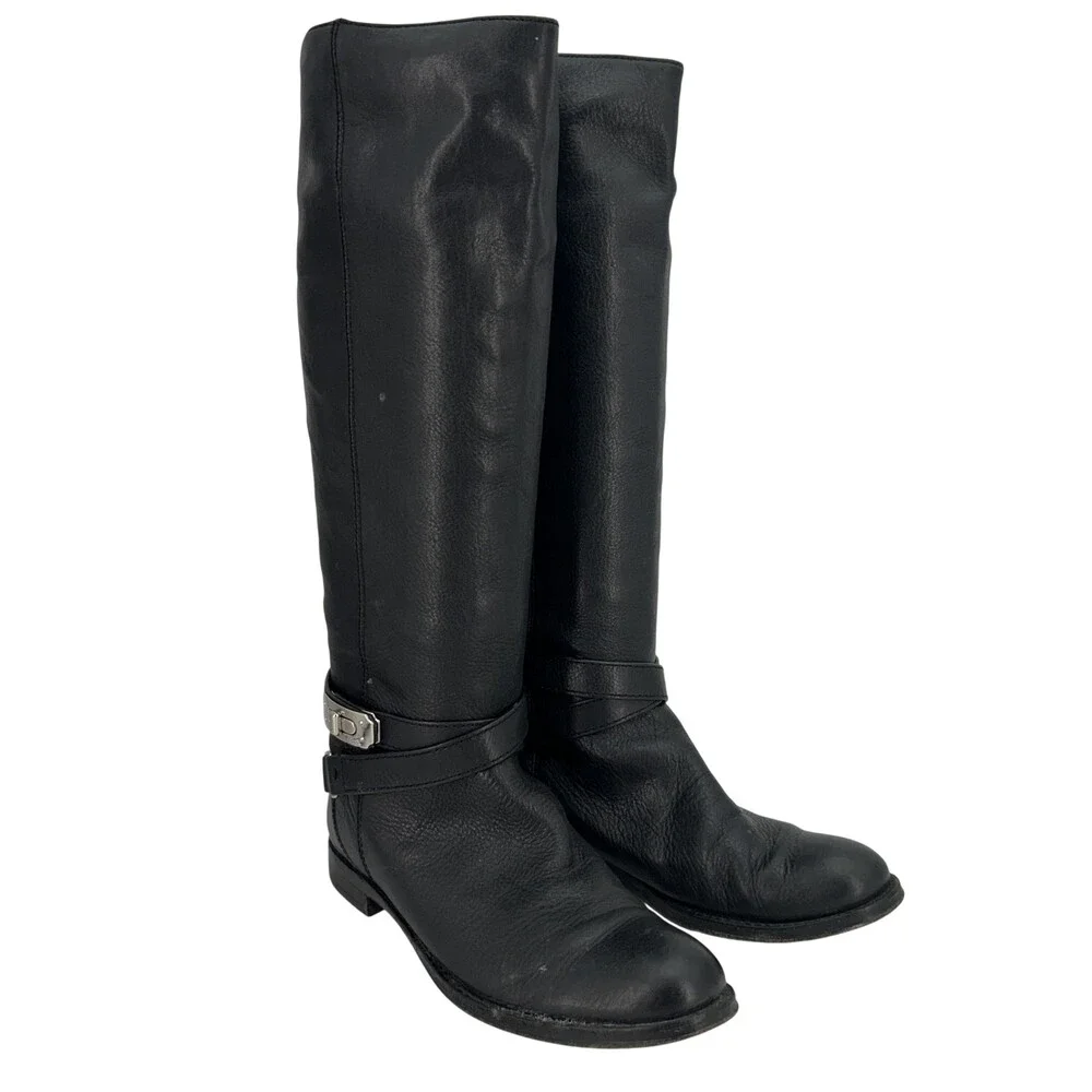 Coach Boots Womens Size 6.5 Christine Black Leather Riding Knee High Buckle